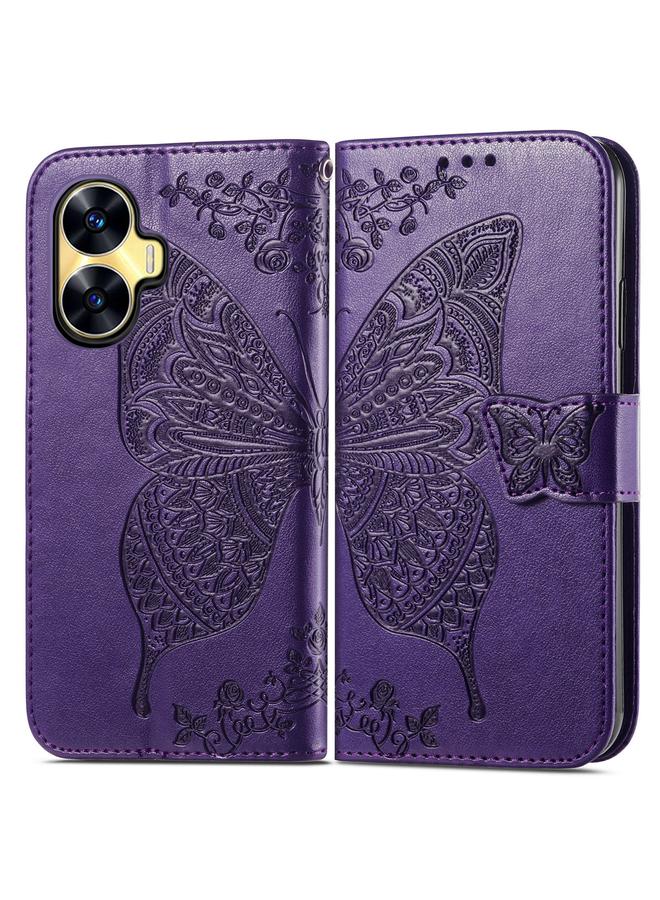 اس-توب جراب هاتف Realme C55 من الجلد المنقوش بنقشة زهور الحب على شكل فراشة - Image 2