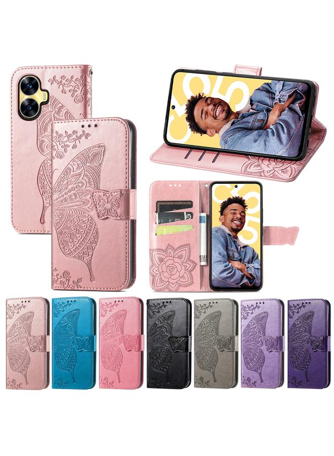 اس-توب جراب هاتف Realme C55 من الجلد المنقوش بنقشة زهور الحب على شكل فراشة - Image 5