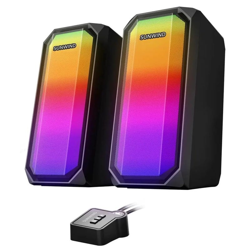 SUNWIND SW-SP300 RGB Bluetooth 5.0 / AUX Desktop Gaming Speaker – 5W x 2.0 Channel Stereo Speaker with Controller – 7 RGB Colorful LED Modes – USB Power || Black - Image 1