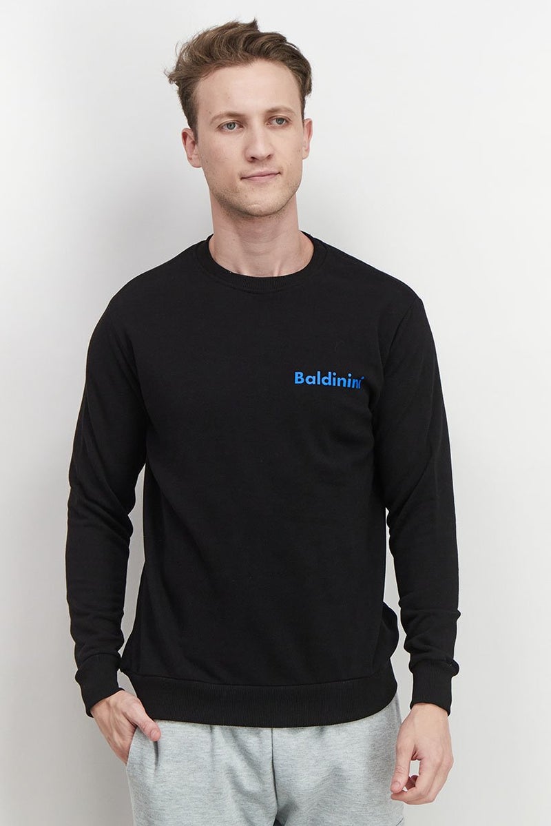 Baldinini Men Crew Neck Brand Logo Long Sleeve Sweatshirt, Black and Blue - Image 1