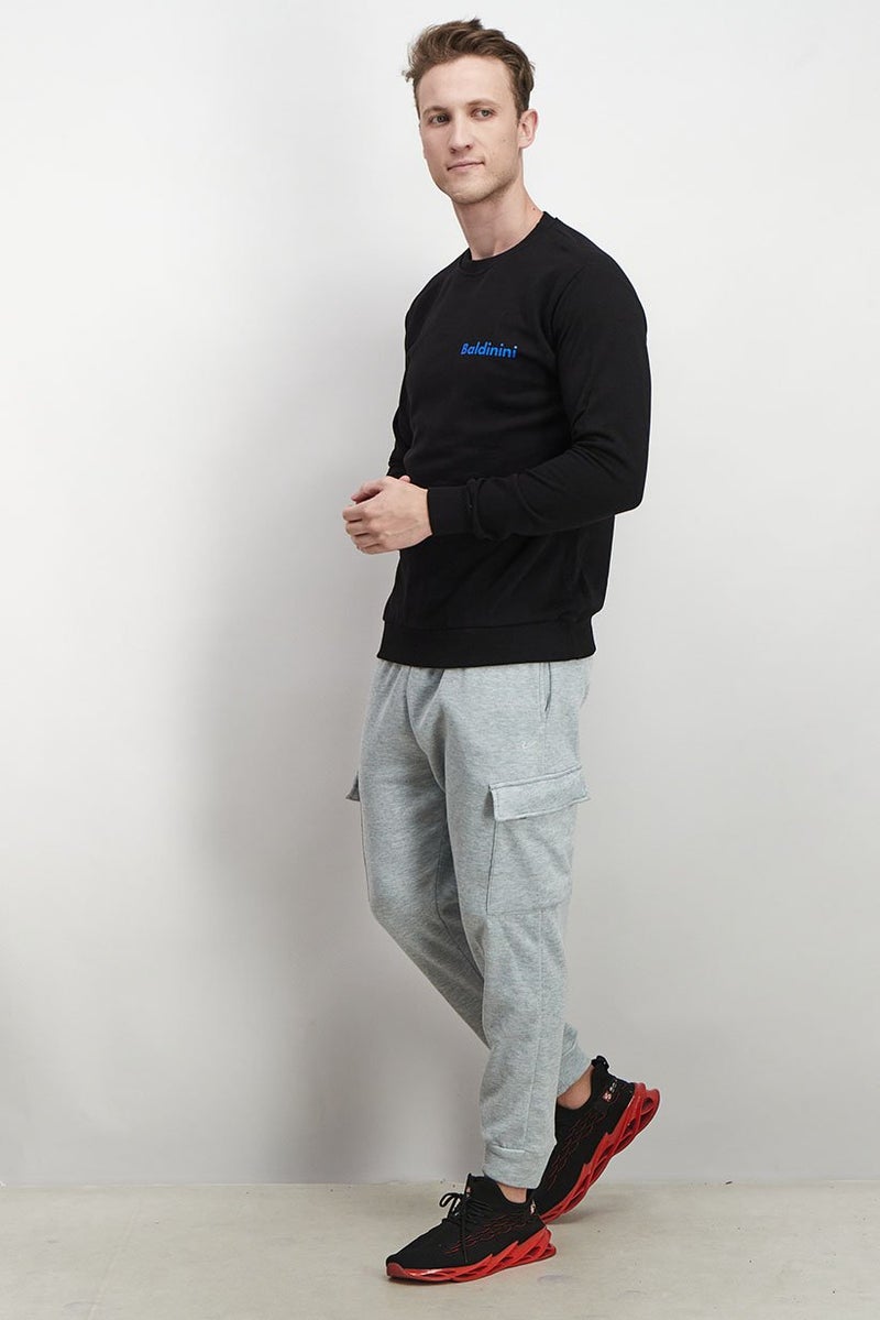 Baldinini Men Crew Neck Brand Logo Long Sleeve Sweatshirt, Black and Blue - Image 2