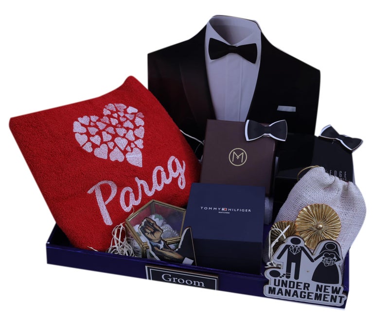 THE BRIDE MADE Multipurpose Gift Box for Groom,Pine Wood Trujo Packing Tray 11x17 Inch, Groom Cutout, Premium Wedding Gift Hamper (Blue) - Image 5