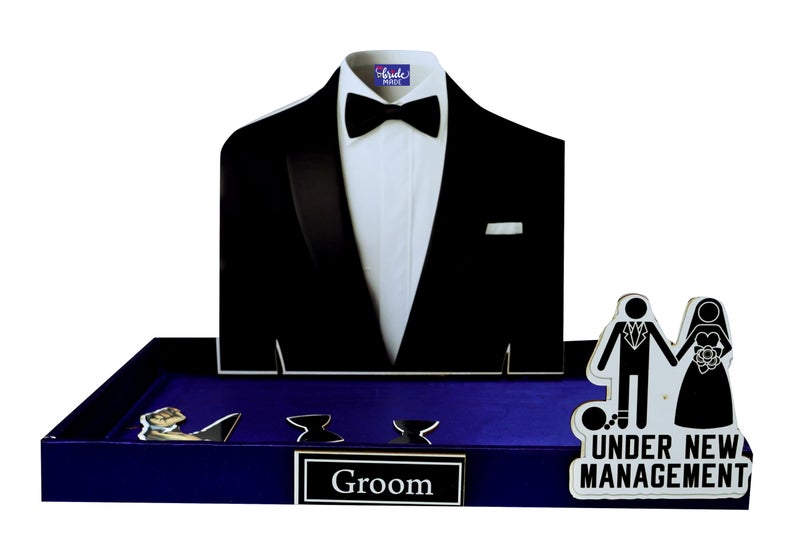 THE BRIDE MADE Multipurpose Gift Box for Groom,Pine Wood Trujo Packing Tray 11x17 Inch, Groom Cutout, Premium Wedding Gift Hamper (Blue) - Image 1