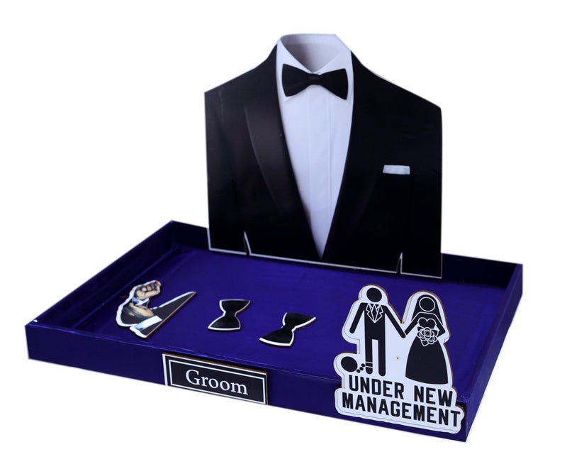 THE BRIDE MADE Multipurpose Gift Box for Groom,Pine Wood Trujo Packing Tray 11x17 Inch, Groom Cutout, Premium Wedding Gift Hamper (Blue) - Image 3
