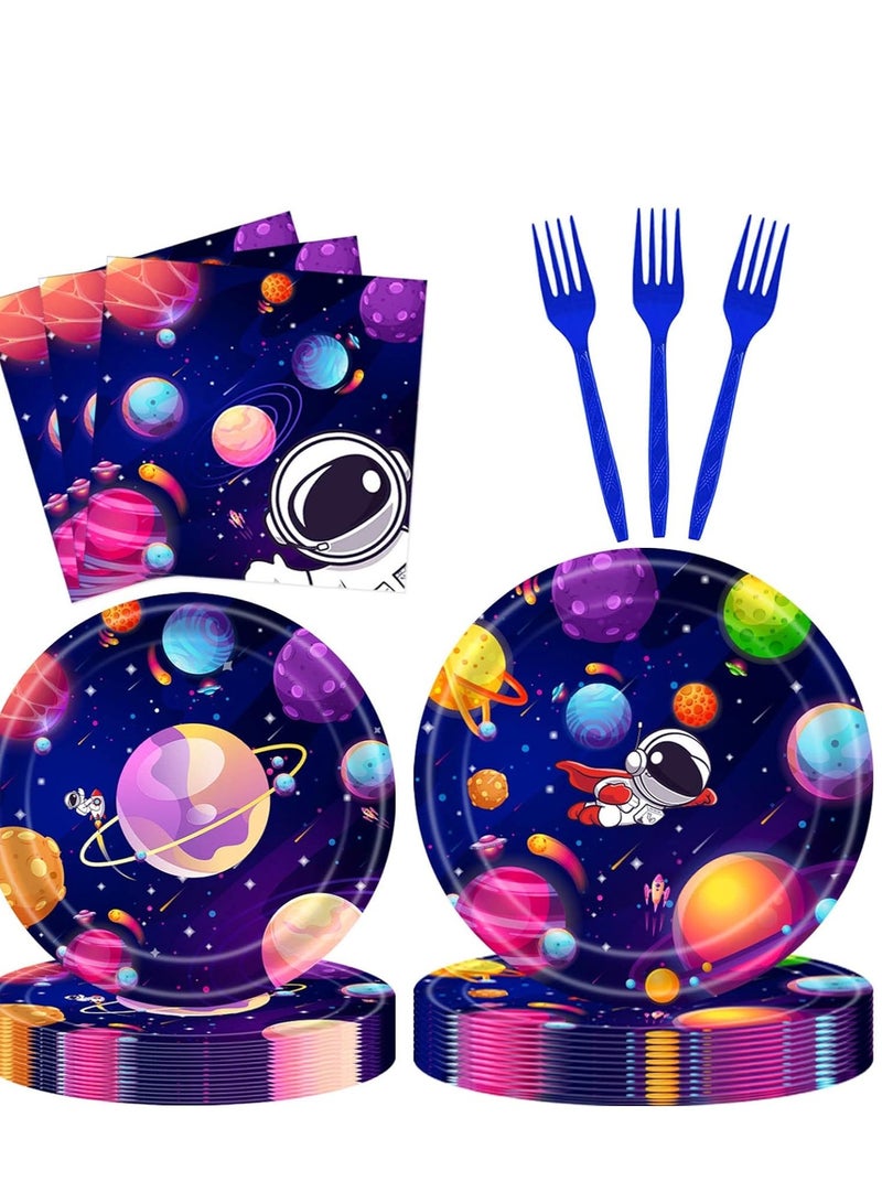 Excefore Space Birthday Party Supplies Decorations, Outer Theme Paper Plates and Napkins Set for 24 Guests, 96 Pcs Disposable Galaxy Dessert Dinnerware - Image 1