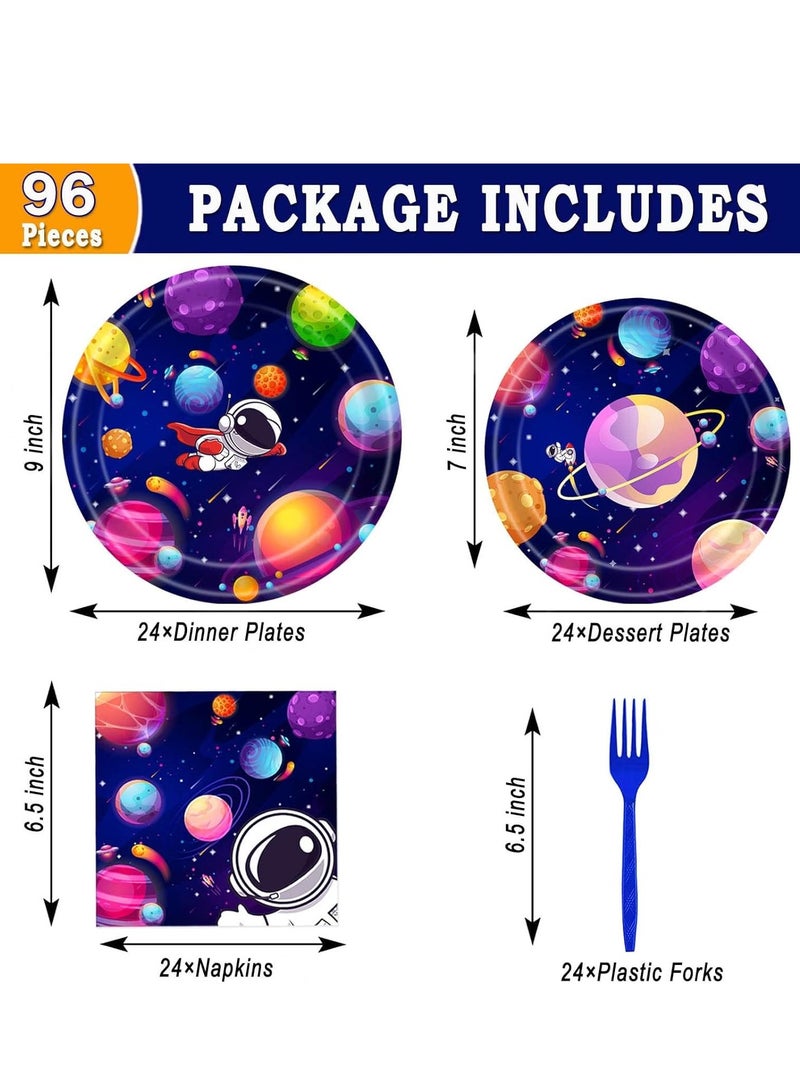 Excefore Space Birthday Party Supplies Decorations, Outer Theme Paper Plates and Napkins Set for 24 Guests, 96 Pcs Disposable Galaxy Dessert Dinnerware - Image 5