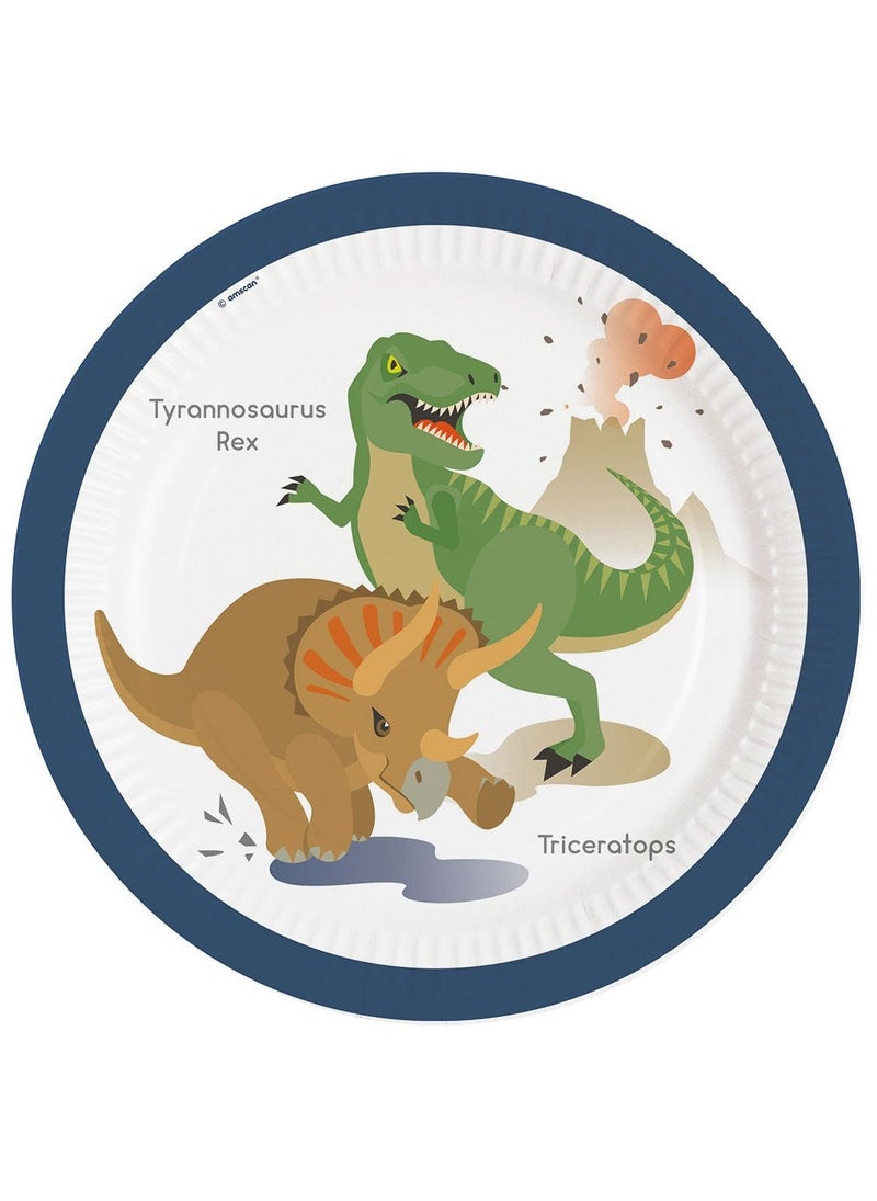 أطباق ورقية للاستخدام مرة واحدة بتصميم ديناصور سعيد، متعددة الألوان، مقاس 23 سم، عبوة من 8 قطع
