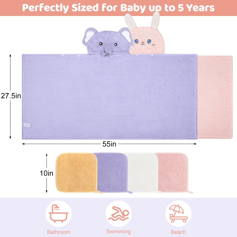 CandyHome 6 PCS Toddler Bath Towel Set for Boy Girl 0-5 Year, 2 PCS Thick Absorbent Hooded Baby Bath Towels Large 55" x 27.5" & 4 PCS Washcloths, Ultra Soft Gifts for Infant, Toddler, Kids, Rabbit & Elephant - Image 2