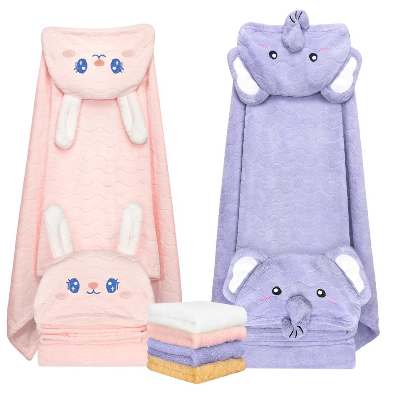 CandyHome 6 PCS Toddler Bath Towel Set for Boy Girl 0-5 Year, 2 PCS Thick Absorbent Hooded Baby Bath Towels Large 55" x 27.5" & 4 PCS Washcloths, Ultra Soft Gifts for Infant, Toddler, Kids, Rabbit & Elephant - Image 1