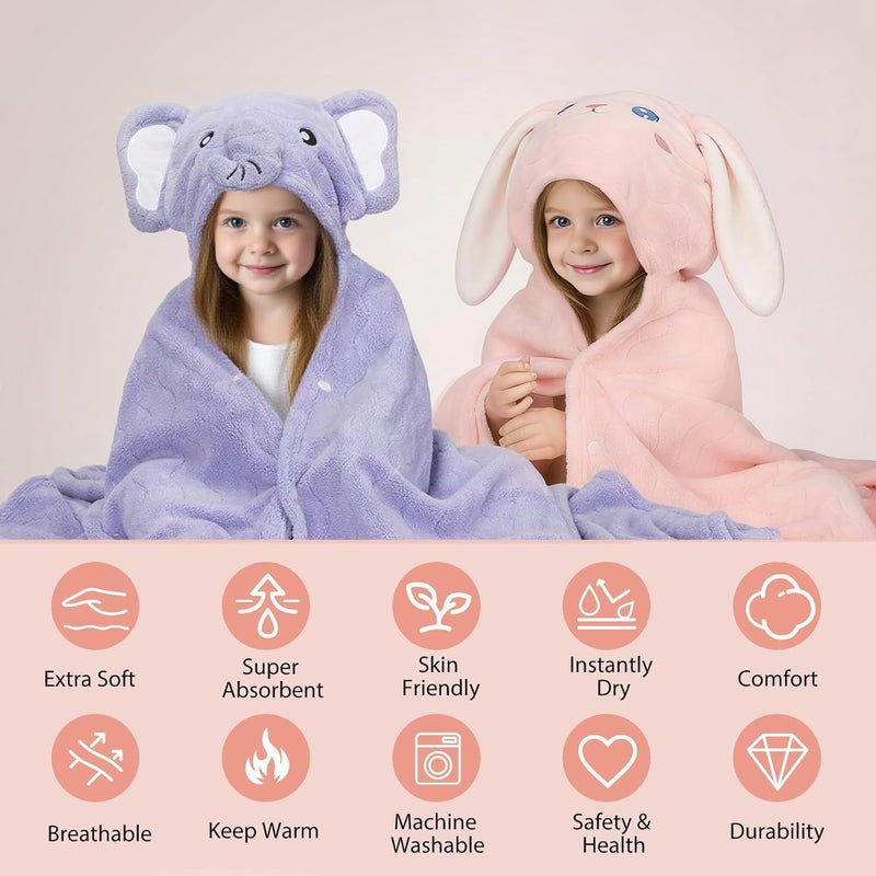 CandyHome 6 PCS Toddler Bath Towel Set for Boy Girl 0-5 Year, 2 PCS Thick Absorbent Hooded Baby Bath Towels Large 55" x 27.5" & 4 PCS Washcloths, Ultra Soft Gifts for Infant, Toddler, Kids, Rabbit & Elephant - Image 3
