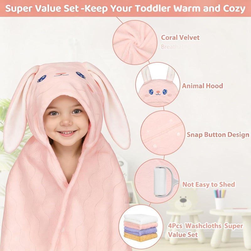 CandyHome 6 PCS Toddler Bath Towel Set for Boy Girl 0-5 Year, 2 PCS Thick Absorbent Hooded Baby Bath Towels Large 55" x 27.5" & 4 PCS Washcloths, Ultra Soft Gifts for Infant, Toddler, Kids, Rabbit & Elephant - Image 4