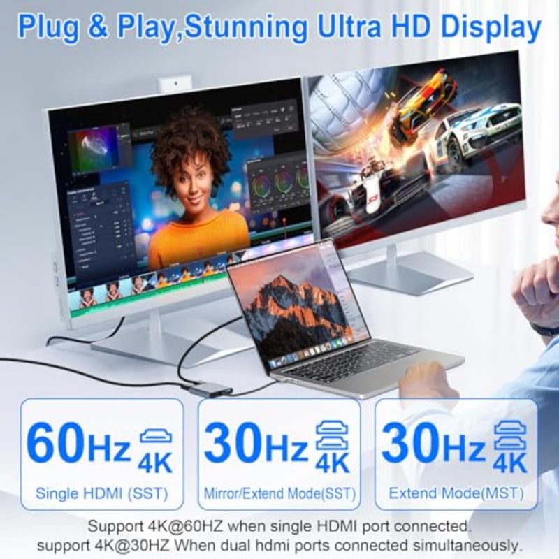 Usb C To Dual Hdmi Adapter, 4 In 1 Splitter For Monitors 4K, 2.0 Port, Type Adapter Multiport, Hub 4K@60Hz, Macbook Pro/Air, Ipad, Surface, Dell - Image 2