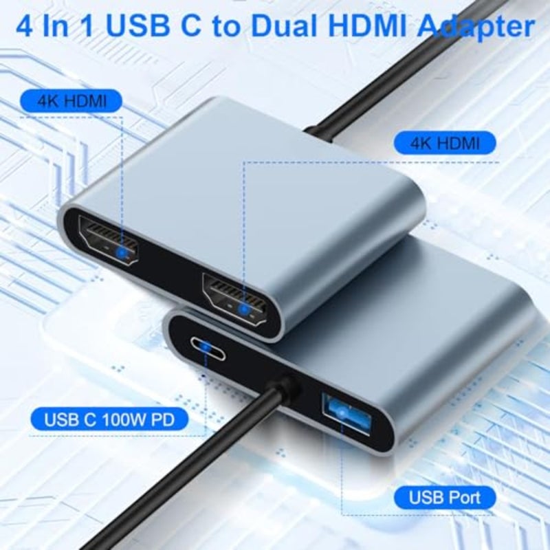 Usb C To Dual Hdmi Adapter, 4 In 1 Splitter For Monitors 4K, 2.0 Port, Type Adapter Multiport, Hub 4K@60Hz, Macbook Pro/Air, Ipad, Surface, Dell - Image 5