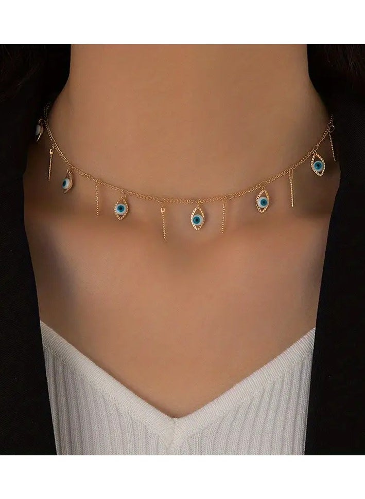 Home Clearance Sale 1pc Elegant Luxury Alloy Choker Necklace Pendants, Adjustable Single Layer Clavicle Chain, Fashionable Handmade Jewelry with Eye Charms  - Image 2