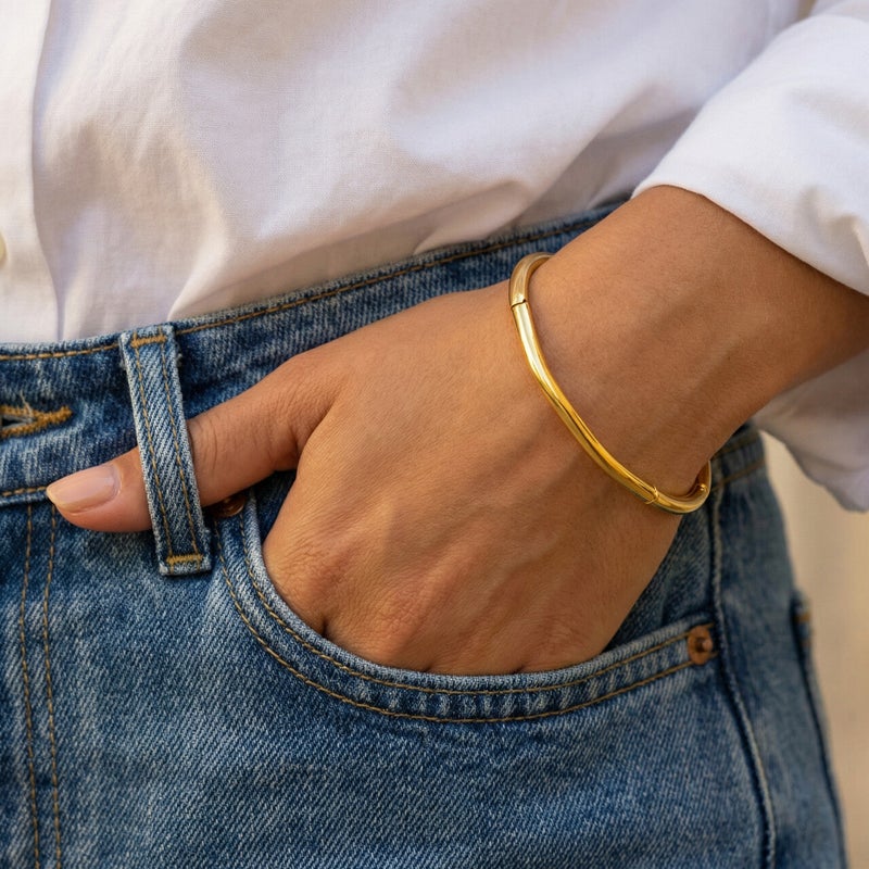 PALMONAS 18k Gold Tone Plated Gilded Oval Bangle Bracelet for Women - Image 3