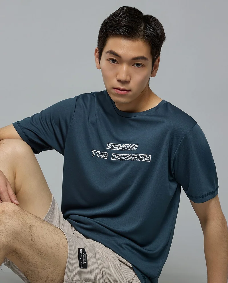 أر أند بي Typography Print Active T-Shirt with Crew Neck and Short Sleeves