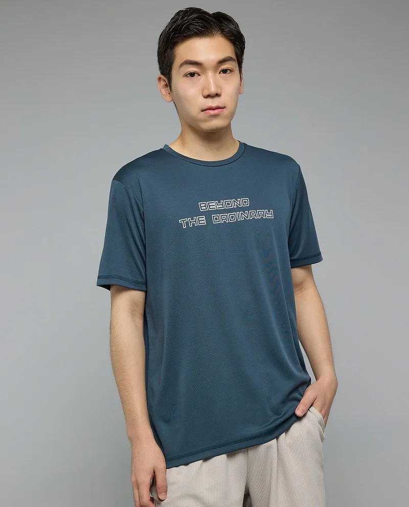 أر أند بي Typography Print Active T-Shirt with Crew Neck and Short Sleeves