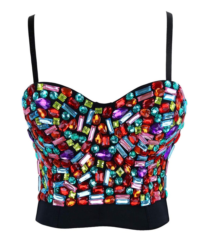 Charmian Women's Colorful Rhinestone Push Up Bra Clubwear Party Bustier Crop Top Valentines Bra Top Black Medium - Image 4