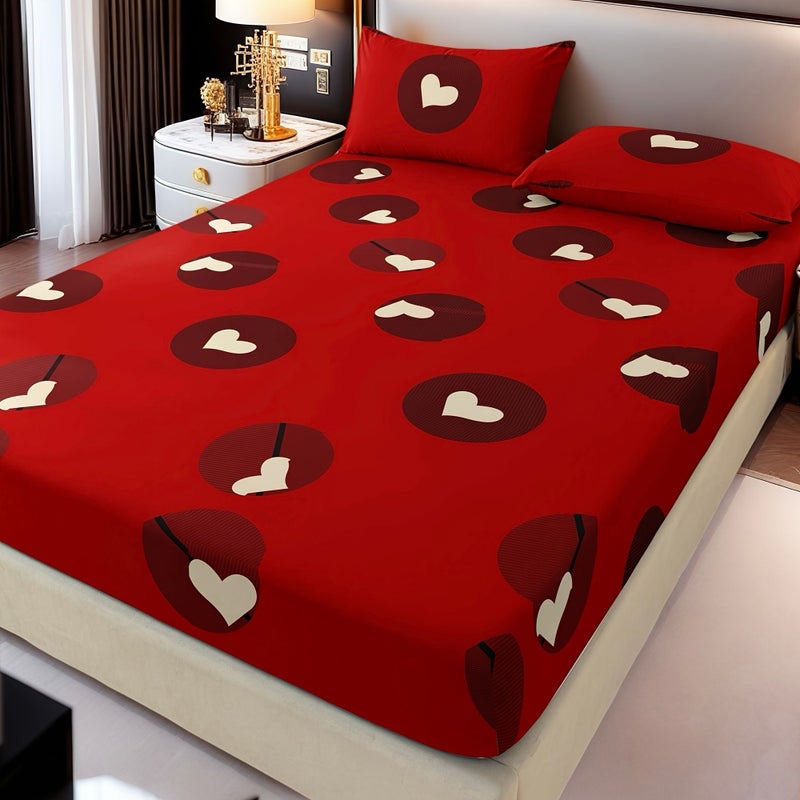 3pcs Bedding Set Classic Red Heart Valentine Pillowcases Romantic 2 Pillowcases 1 Fitted Sheet Soft Skin Friendly Off White Double Full Queen King Bed Snug Fit - Image 4