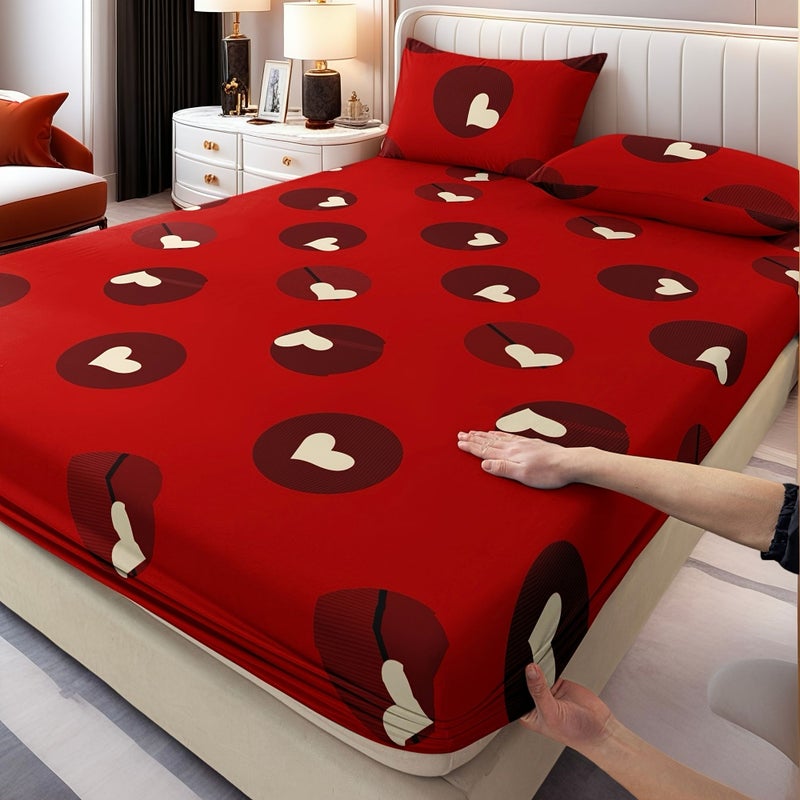 3pcs Bedding Set Classic Red Heart Valentine Pillowcases Romantic 2 Pillowcases 1 Fitted Sheet Soft Skin Friendly Off White Double Full Queen King Bed Snug Fit - Image 1