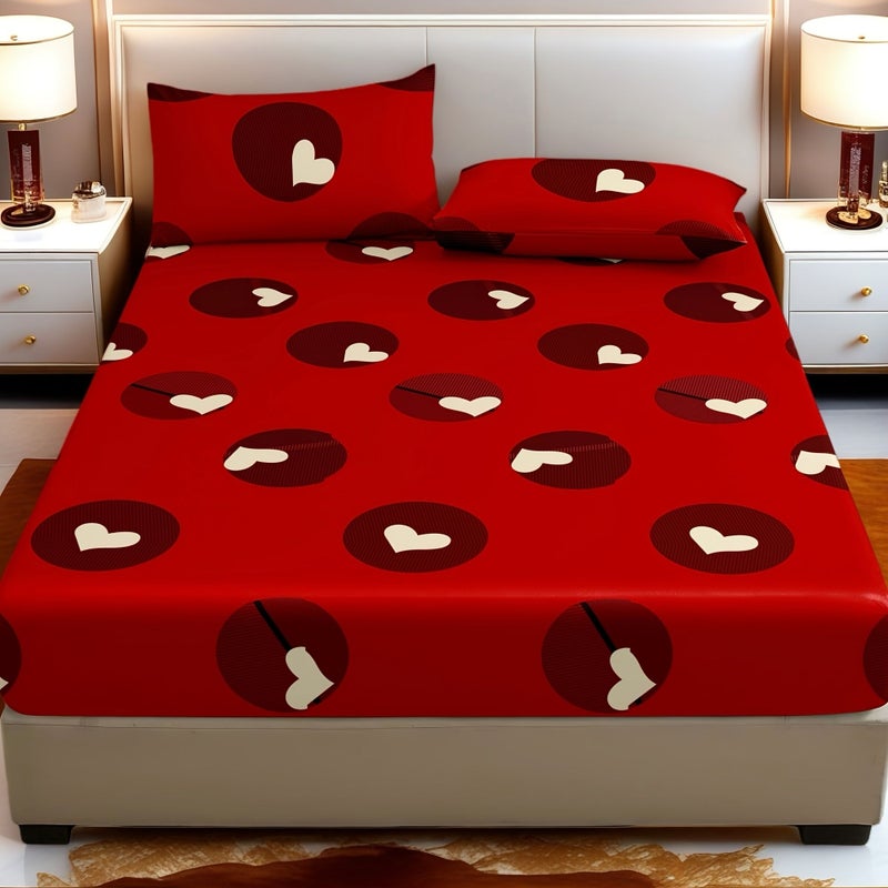 3pcs Bedding Set Classic Red Heart Valentine Pillowcases Romantic 2 Pillowcases 1 Fitted Sheet Soft Skin Friendly Off White Double Full Queen King Bed Snug Fit - Image 2