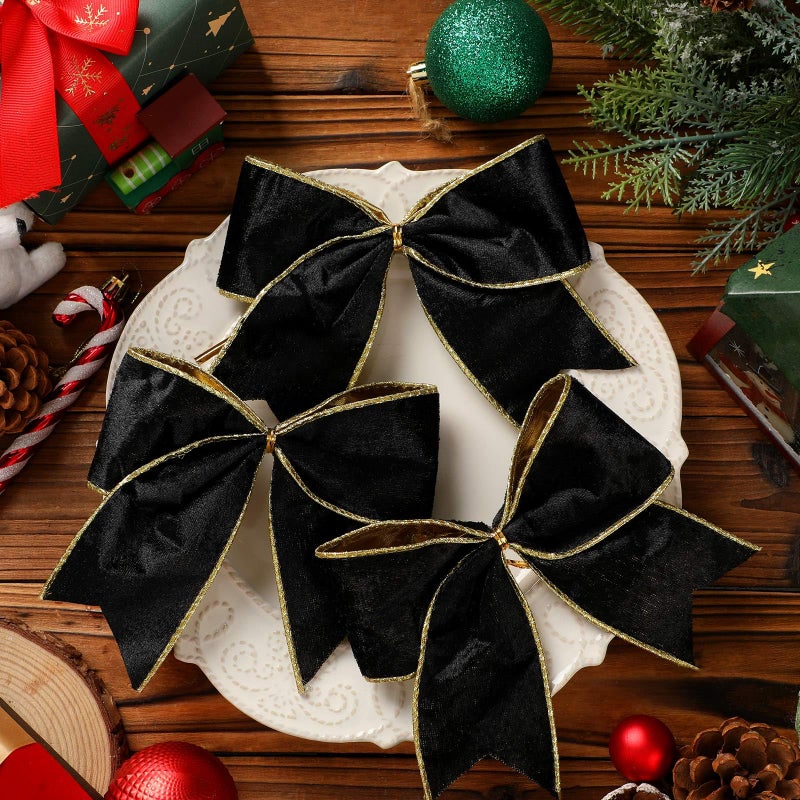 Panelee 12 Pcs Black Velvet Christmas Bows 6 x 6 in Wreath Bow Christmas Tree Decorations Ornaments for Hanukkah Xmas Tree Topper Wreath Garland Party Gift Wrapping DIY Decor - Image 3