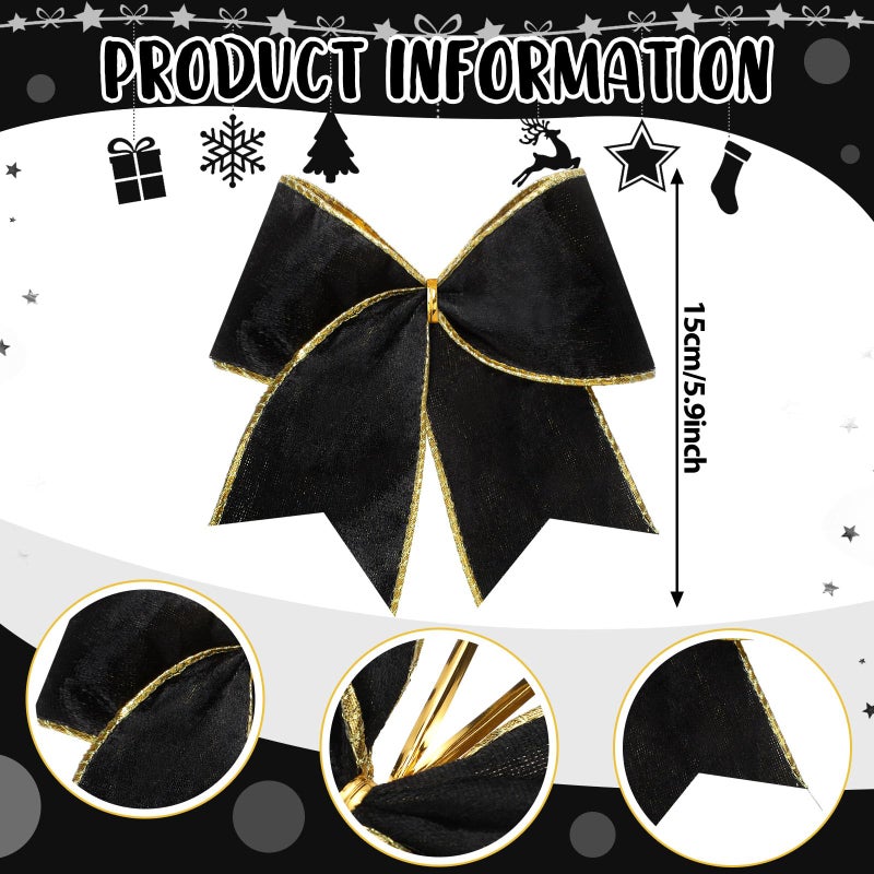 Panelee 12 Pcs Black Velvet Christmas Bows 6 x 6 in Wreath Bow Christmas Tree Decorations Ornaments for Hanukkah Xmas Tree Topper Wreath Garland Party Gift Wrapping DIY Decor - Image 2
