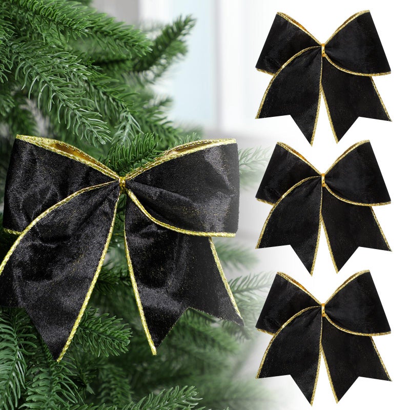 Panelee 12 Pcs Black Velvet Christmas Bows 6 x 6 in Wreath Bow Christmas Tree Decorations Ornaments for Hanukkah Xmas Tree Topper Wreath Garland Party Gift Wrapping DIY Decor - Image 1