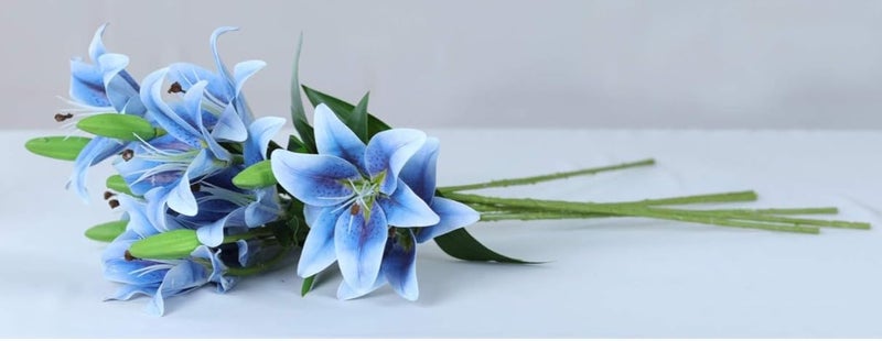 VRB Dec 1 قطعة (3 رأس) باقة زهور زنبق صناعية عصي زهور فوم، زهور زنبق صناعية لتزيين المنزل، غرفة النوم، غرفة المعيشة، الطاولة، الشرفة، المكتب، الزفاف، بوجا (لون أزرق) - Image 3