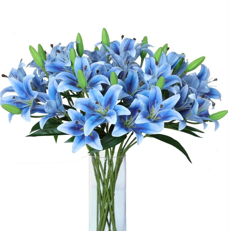 VRB Dec 1 قطعة (3 رأس) باقة زهور زنبق صناعية عصي زهور فوم، زهور زنبق صناعية لتزيين المنزل، غرفة النوم، غرفة المعيشة، الطاولة، الشرفة، المكتب، الزفاف، بوجا (لون أزرق) - Image 1