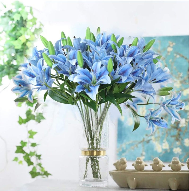 VRB Dec 1 قطعة (3 رأس) باقة زهور زنبق صناعية عصي زهور فوم، زهور زنبق صناعية لتزيين المنزل، غرفة النوم، غرفة المعيشة، الطاولة، الشرفة، المكتب، الزفاف، بوجا (لون أزرق) - Image 4