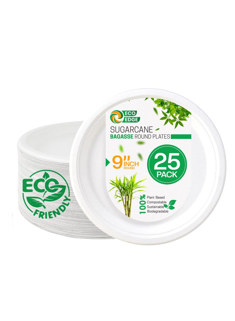EcoEdge 9 Inch Round White Disposable Sugarcane Fiber Plates (Pack of 25) | Stylish, Recyclable, Biodegradable, Eco-Friendly | Toxin-Free, Durable, Versatile, Temperature Resistant | 100% Organic - Image 1