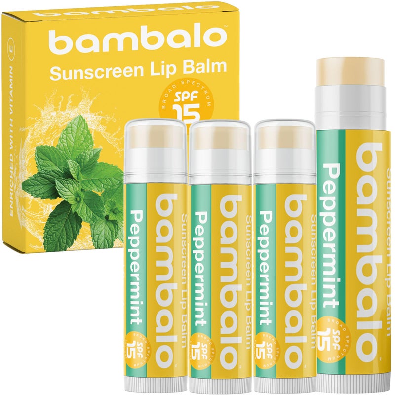 Bambalo 4Pack Peppermint SPF 15 Lip Balm Organic Ingredients Broad Spectrum UVAUVB Protection Hydrating Moisturizing USA Made