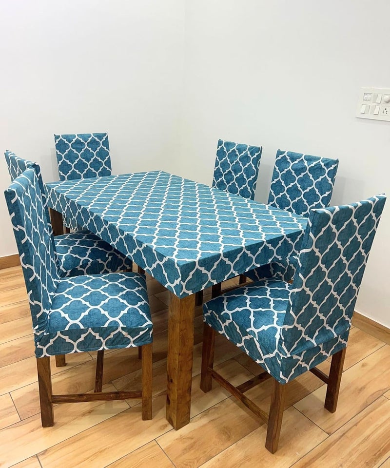 ohello Polycotton Chair Covers Set of 6 with Table Cover are Stretchable slipcover Easily Washable Dining Chair Cover for Home use CTC_007 Aqua - Image 1