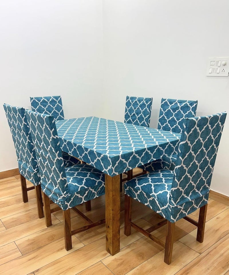 ohello Polycotton Chair Covers Set of 6 with Table Cover are Stretchable slipcover Easily Washable Dining Chair Cover for Home use CTC_007 Aqua - Image 2