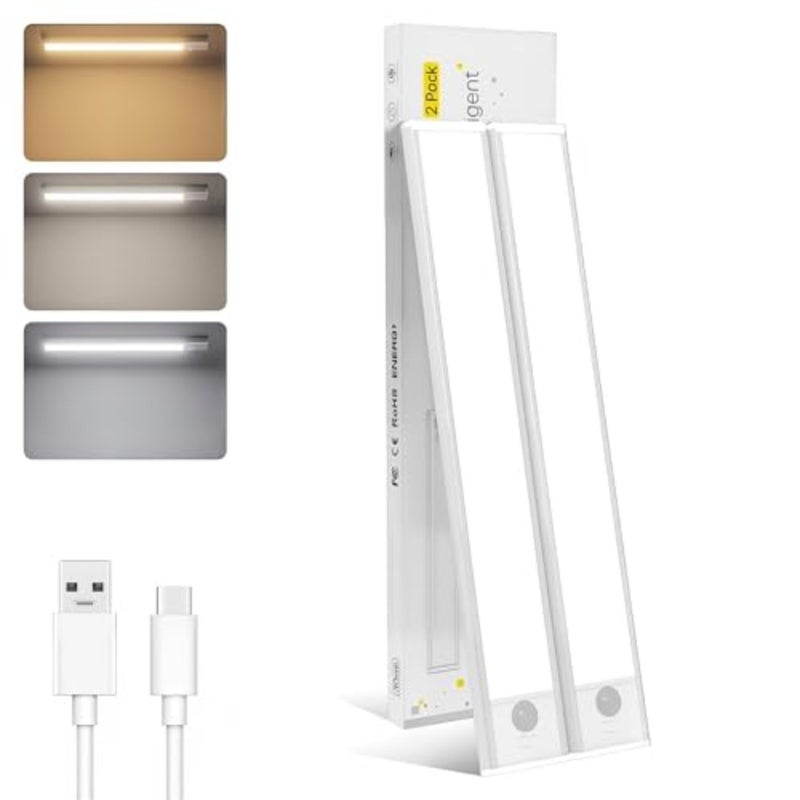 Under Cabinet Kitchen Lights, USB Wireless LED Wardrobe Lights Battery Operated, Motion Sensor Lights Indoor Rechargeable Magnetic for Cupboard Stairs Closet Shelf Drawer,,2 Pack - Image 1