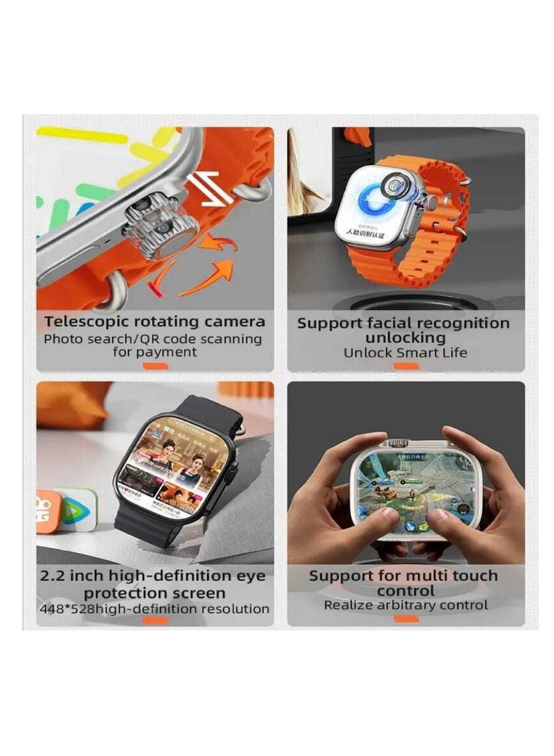 Smartbarry C96 Ultra Android Smartwatch With Sim and 6Gb Ram 64Gb Rom Rotating camera 2 set Strap - orange - Image 2