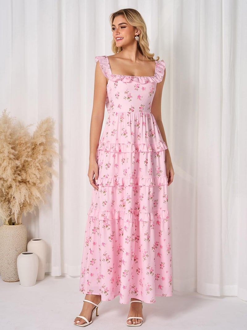 EYNMIN Women's Summer Floral Boho Maxi Dress Tiered Ruffle Smocked Long Flowy Beach Wedding Guest Dresses Casual Sundress - Image 3