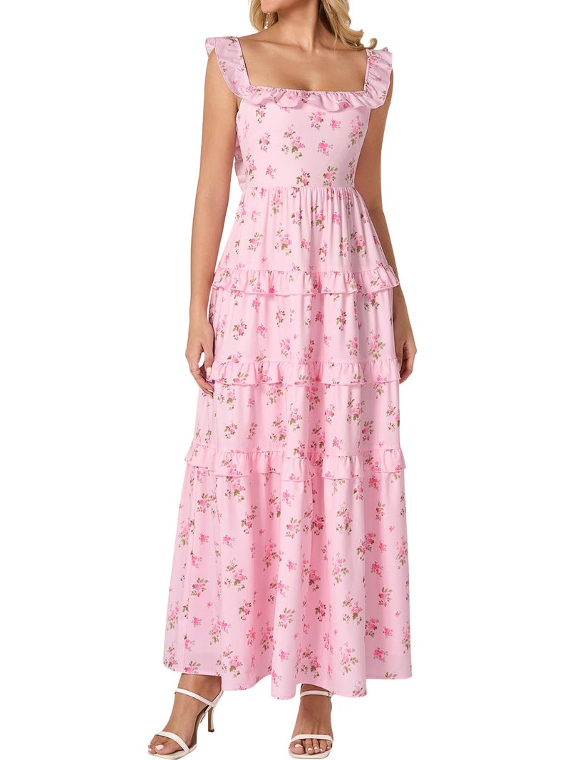 EYNMIN Women's Summer Floral Boho Maxi Dress Tiered Ruffle Smocked Long Flowy Beach Wedding Guest Dresses Casual Sundress - Image 1