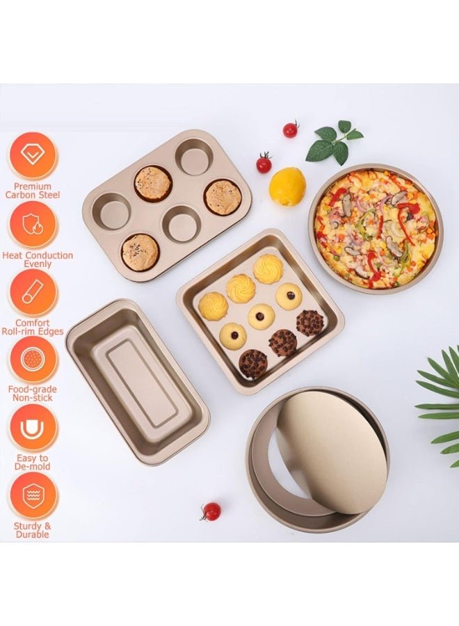 سوفام 7 قطعة أواني الخبز المجموعة: Includes Pizza Pan, 6-Cup الكعك, Round & Square Pans, رغيف الأواني خبز مجموعة مع رف وقفازات القطن - Image 4