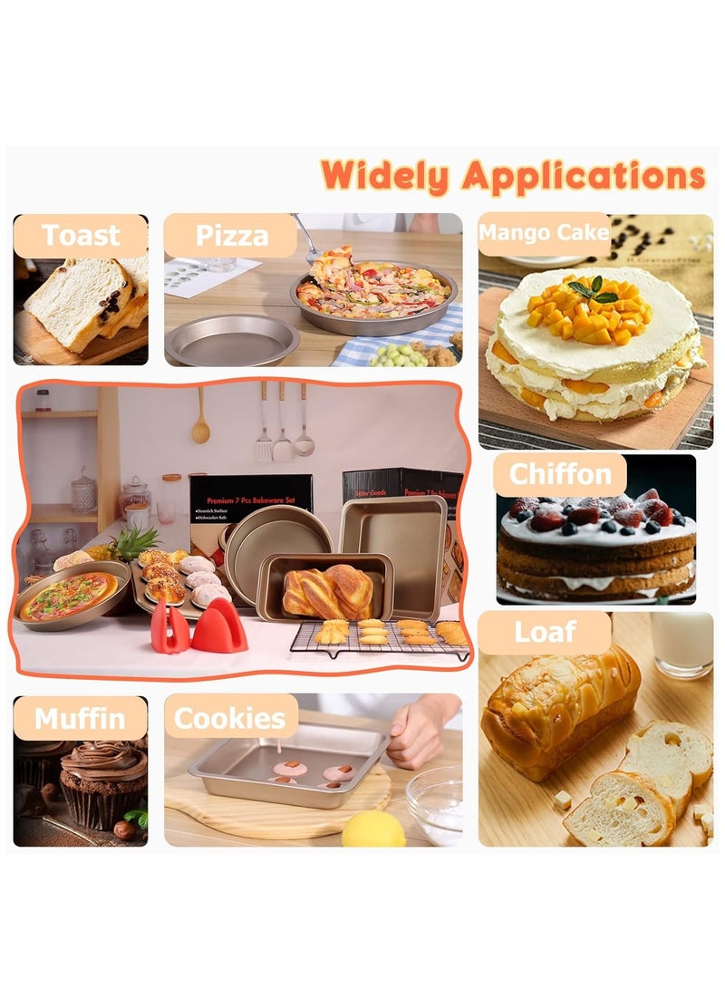 سوفام 7 قطعة أواني الخبز المجموعة: Includes Pizza Pan, 6-Cup الكعك, Round & Square Pans, رغيف الأواني خبز مجموعة مع رف وقفازات القطن - Image 2