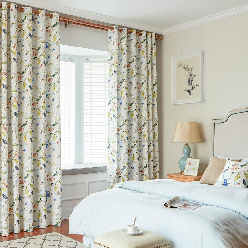 VOGOL Birds and Floral Printed Grommet Curtains Retro Style Room Darkening Window Drapes for Living Room Bedroom 52x84 Blue 1 Panel - Image 1