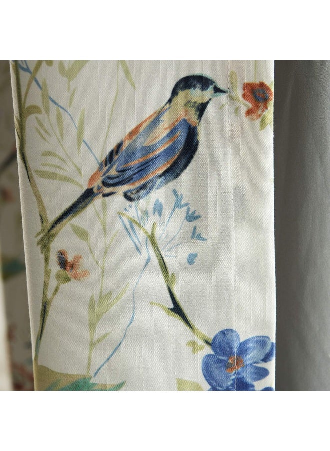 VOGOL Birds and Floral Printed Grommet Curtains Retro Style Room Darkening Window Drapes for Living Room Bedroom 52x84 Blue 1 Panel - Image 2