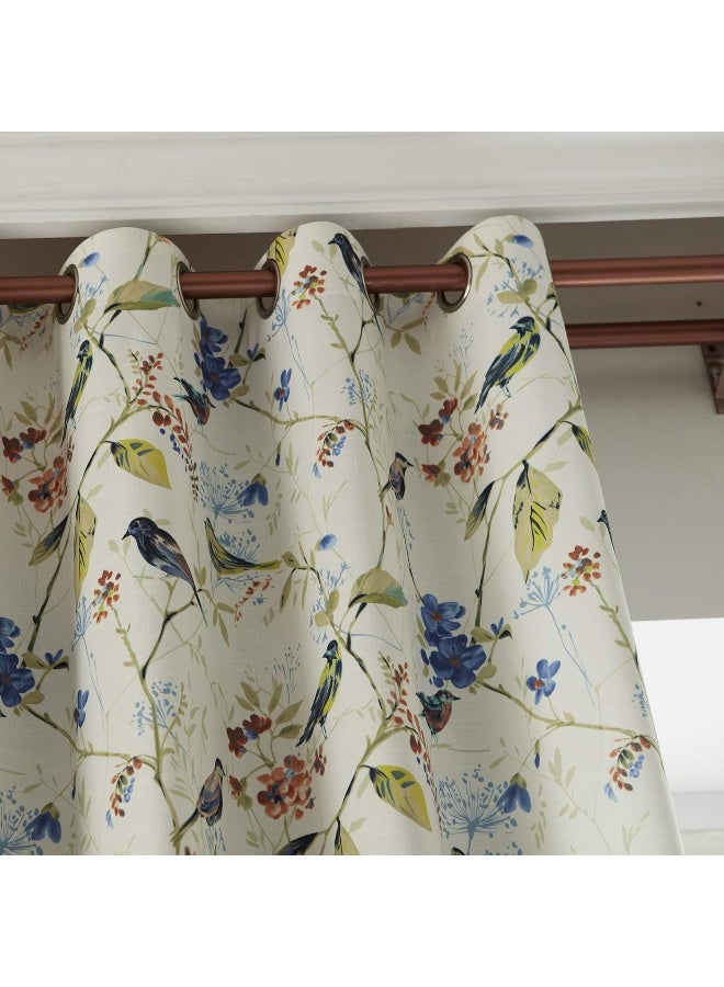VOGOL Birds and Floral Printed Grommet Curtains Retro Style Room Darkening Window Drapes for Living Room Bedroom 52x84 Blue 1 Panel - Image 3