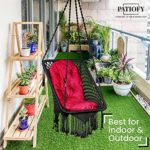 Patiofy Made in India Premium Square Shape Hammock Hanging Cotton Swing Chair with Cushion & Accessories for Kids & Adults/Indoor & Outdoor, Patio/ 150Kg Capacity/Swing with Large Red Cushion (Black) - Image 2