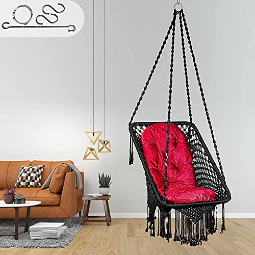 Patiofy Made in India Premium Square Shape Hammock Hanging Cotton Swing Chair with Cushion & Accessories for Kids & Adults/Indoor & Outdoor, Patio/ 150Kg Capacity/Swing with Large Red Cushion (Black) - Image 1