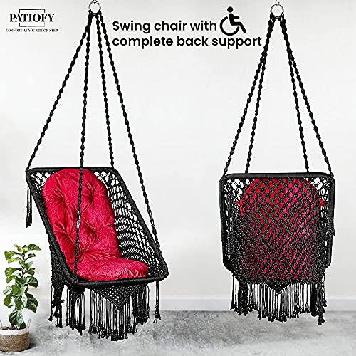 Patiofy Made in India Premium Square Shape Hammock Hanging Cotton Swing Chair with Cushion & Accessories for Kids & Adults/Indoor & Outdoor, Patio/ 150Kg Capacity/Swing with Large Red Cushion (Black) - Image 4