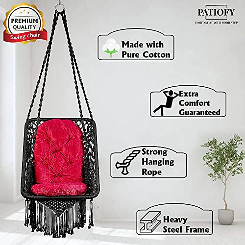 Patiofy Made in India Premium Square Shape Hammock Hanging Cotton Swing Chair with Cushion & Accessories for Kids & Adults/Indoor & Outdoor, Patio/ 150Kg Capacity/Swing with Large Red Cushion (Black) - Image 3