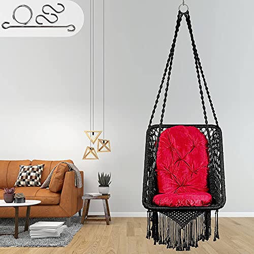 Patiofy Made in India Premium Square Shape Hammock Hanging Cotton Swing Chair with Cushion & Accessories for Kids & Adults/Indoor & Outdoor, Patio/ 150Kg Capacity/Swing with Large Red Cushion (Black) - Image 5