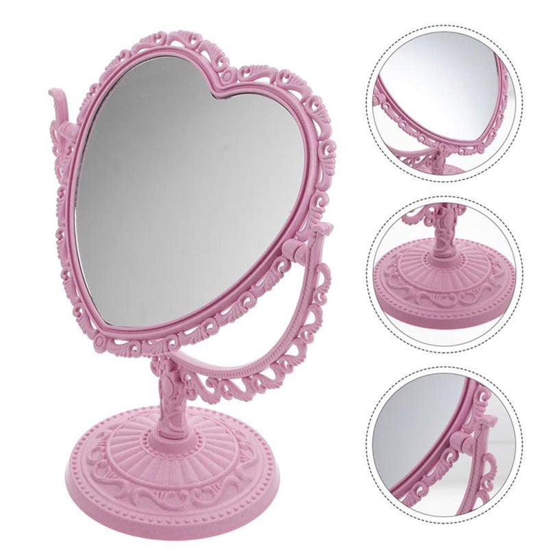 AKOAK Heart-Shaped Cosmetic Mirror - Plastic, Double-Sided, Rotatable, Lightweight - Bathroom & Bedroom Mirror (Pink) - Image 4